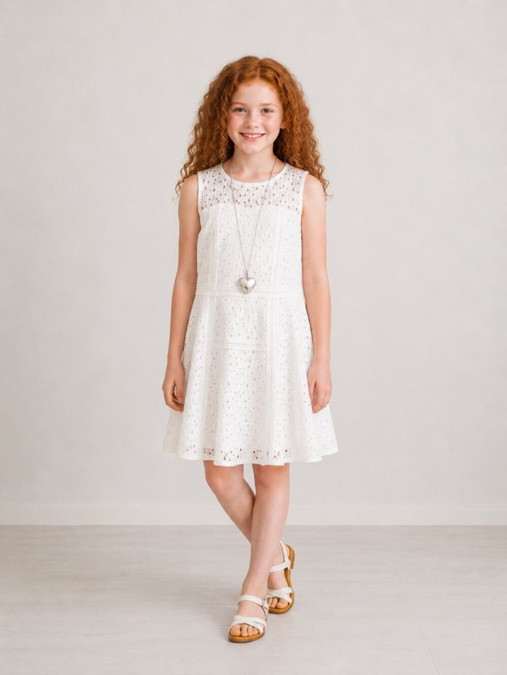 Knit Works White Eyelet Sleeveless with Heart Necklace Dress Girls Sz 16 plus